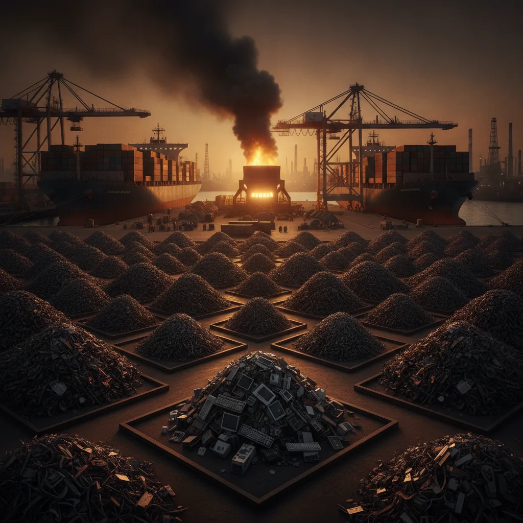 Editorial illustration — Saudi Manufacturing Grows — So Does Its E-Waste Problem